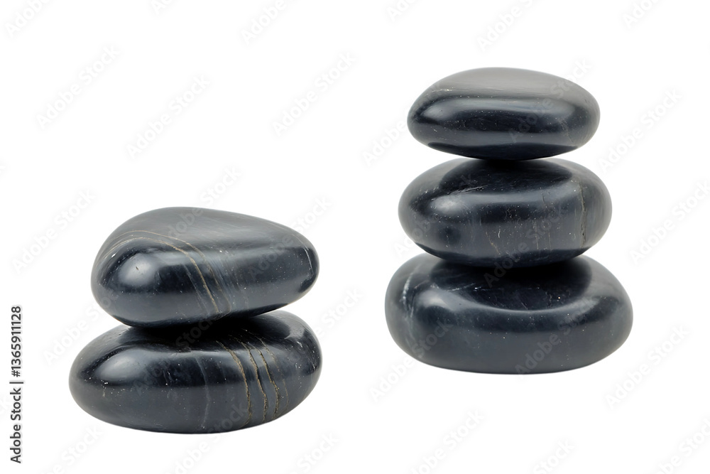 Two stacks of smooth black stones on a plain white background. Two stacks of smooth black stones on a plain white background.