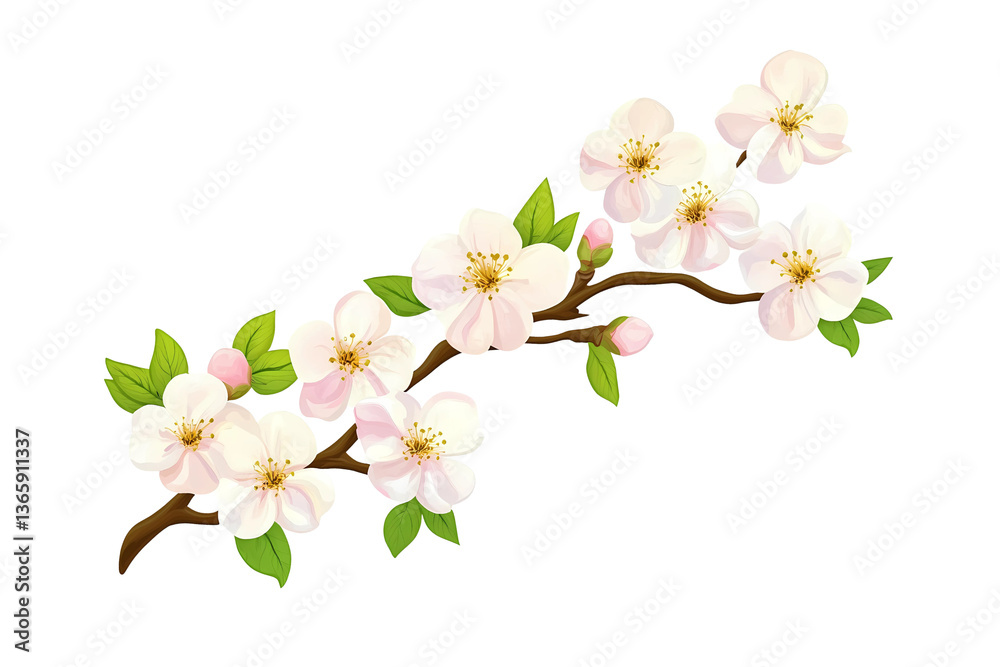 Fototapeta premium A branch with white blossoms and green leaves on a white background