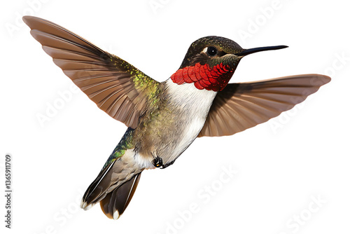 A ruby throated hummingbird flying with wings spread on white background
