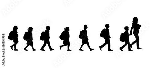 A teacher is crossing the street, followed by a group of students. vector