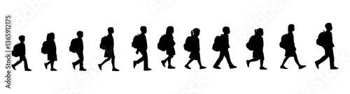 Students heading to school with backpacks on their backs. Vector set