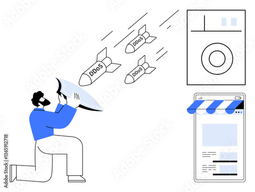 Man holds shield blocking DDOS missiles targeting an online store and server. Ideal for security, protection, cyber defense, threats, resilience, stability, digital safety. Flat simple metaphor