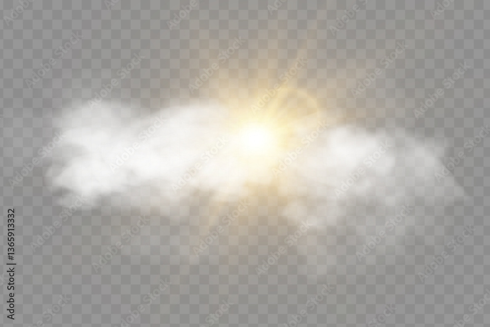 Vector realistic cloud with sun on isolated transparent background. Sun rays break through cloud png.