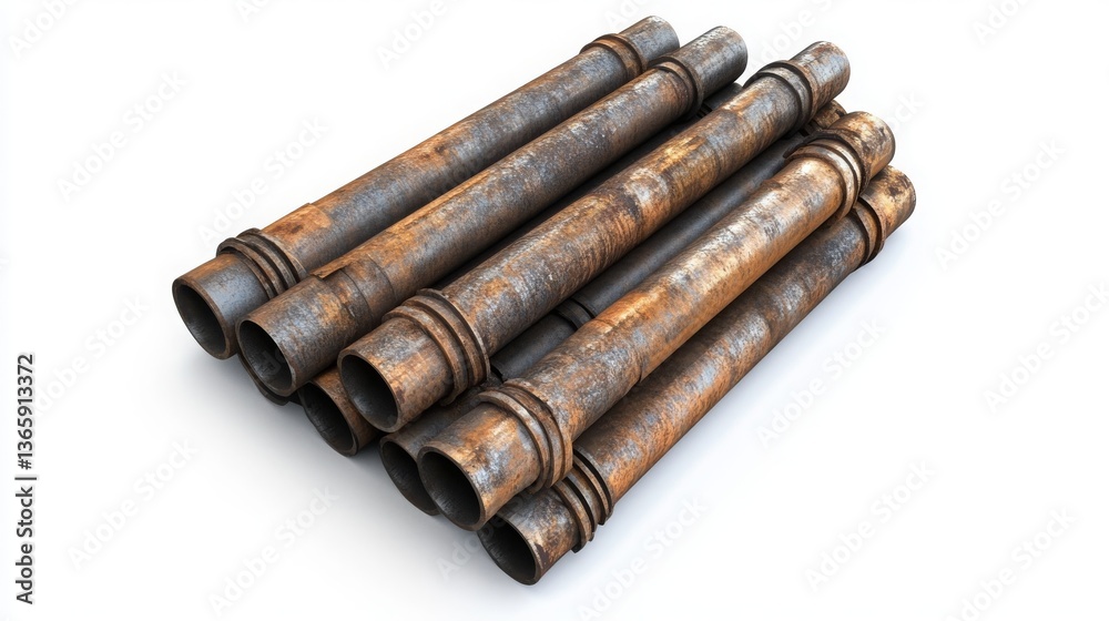 A set of rolled metal pipes isolated on a white background. A set of rolled metal pipes isolated on a white background.