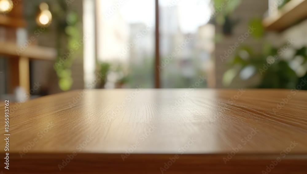 Empty wooden table with a blurred background of a coffee shop interior for product display montage Empty wooden table with a blurred background of a coffee shop interior for product display montage