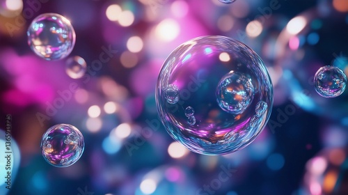 A bunch of colorful bubbles floating in the air. The bubbles are of different sizes and colors, creating a vibrant and playful atmosphere. Concept of joy and wonder, as if the bubbles are dancing