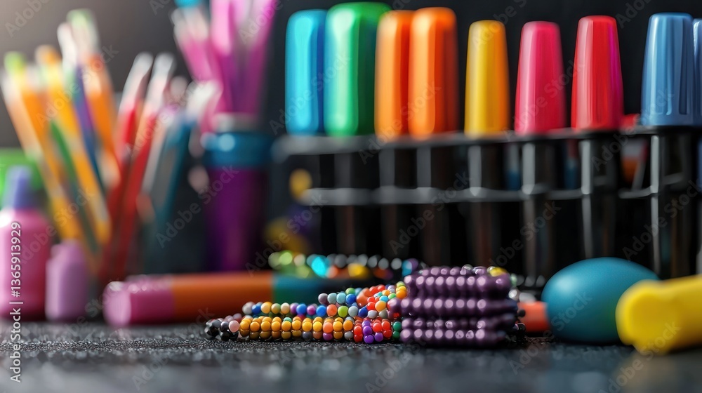 Fototapeta premium Colorful assortment of art supplies scattered on a table with a blurred background