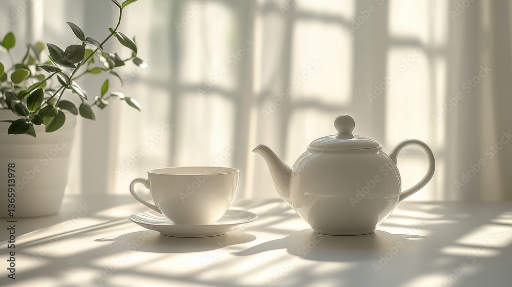 A white teapot with a teacup, placed on a white surface with soft shadows A white teapot with a teacup, placed on a white surface with soft shadows