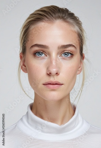 Obraz na płótnie Contemporary Minimalist Portrait of a German Woman with Direct Eye Contact and Neutral Expression on a Stark White Background w salonie