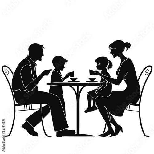Black silhouettes of people sitting at restaurant tables eating and drinking vector illustration 