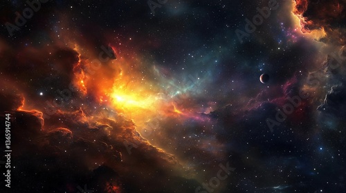 A colorful space scene with a yellow star in the middle. The stars are scattered throughout the sky and the colors are vibrant