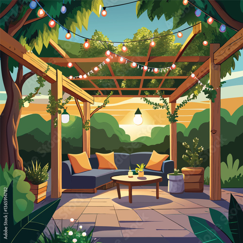 Illuminated Garden Pergola with Cozy Seating and Ambient String Lights
