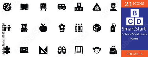 SmartStart School Icons – 21 solid black vector symbols for preschool, kindergarten, and early learning. Perfect for education apps, websites, worksheets, and classroom design