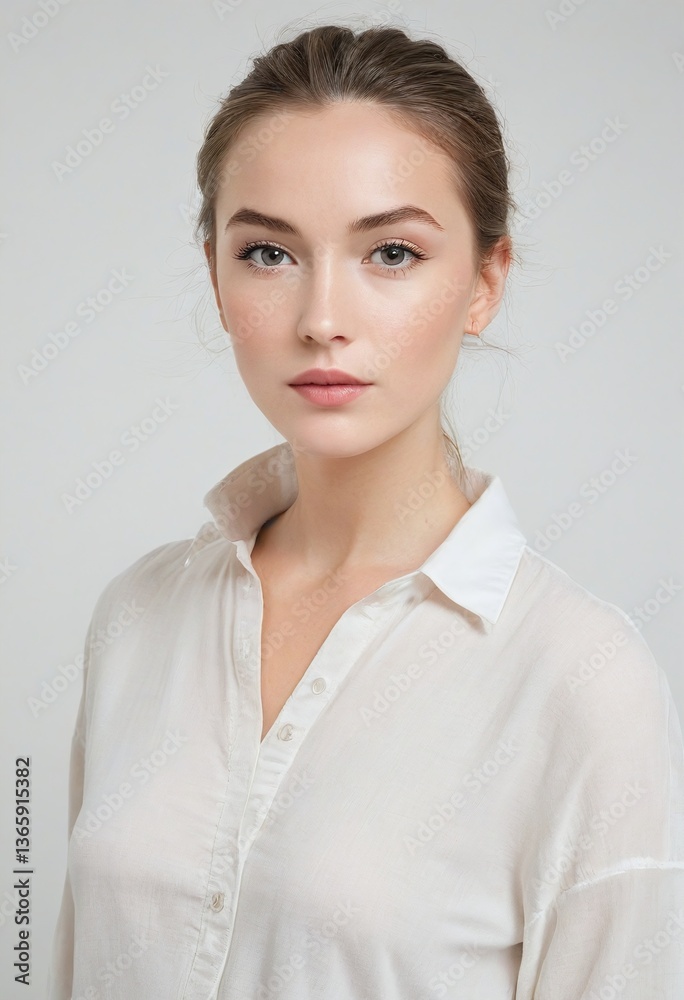 Sleek Portrait of a British Woman in Modern Fashion, Engaging Gaze, Subtle Expression, Soft Lighting with Clarity, Crisp White Backdrop