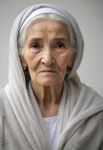 Elegant Minimalist Portrait of an Elderly Greek Woman in Modern Attire with Direct Gaze and Subtle Expression, Soft Balanced Lighting against a Crisp White Background