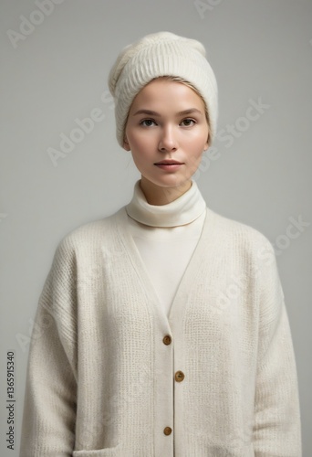 Obraz na płótnie Portrait of a Norwegian Elder in Contemporary Attire with Direct Eye Contact, Neutral Expression, and Soft Lighting on a White Background w salonie