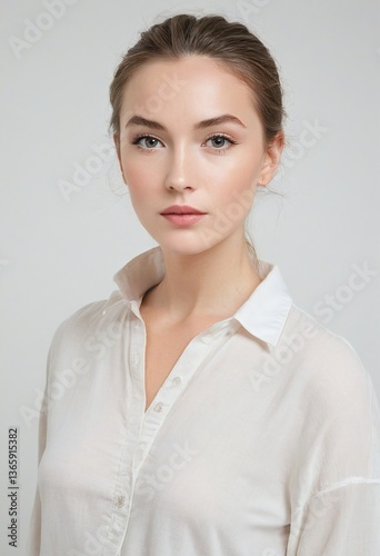 Obraz na płótnie Sleek Portrait of a British Woman in Modern Fashion, Engaging Gaze, Subtle Expression, Soft Lighting with Clarity, Crisp White Backdrop w salonie