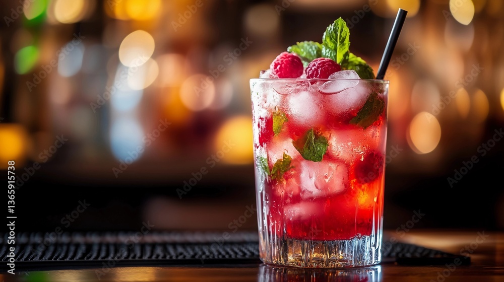 A glass of red drink with a straw in it. The drink is garnished with raspberries and mint A glass of red drink with a straw in it. The drink is garnished with raspberries and mint