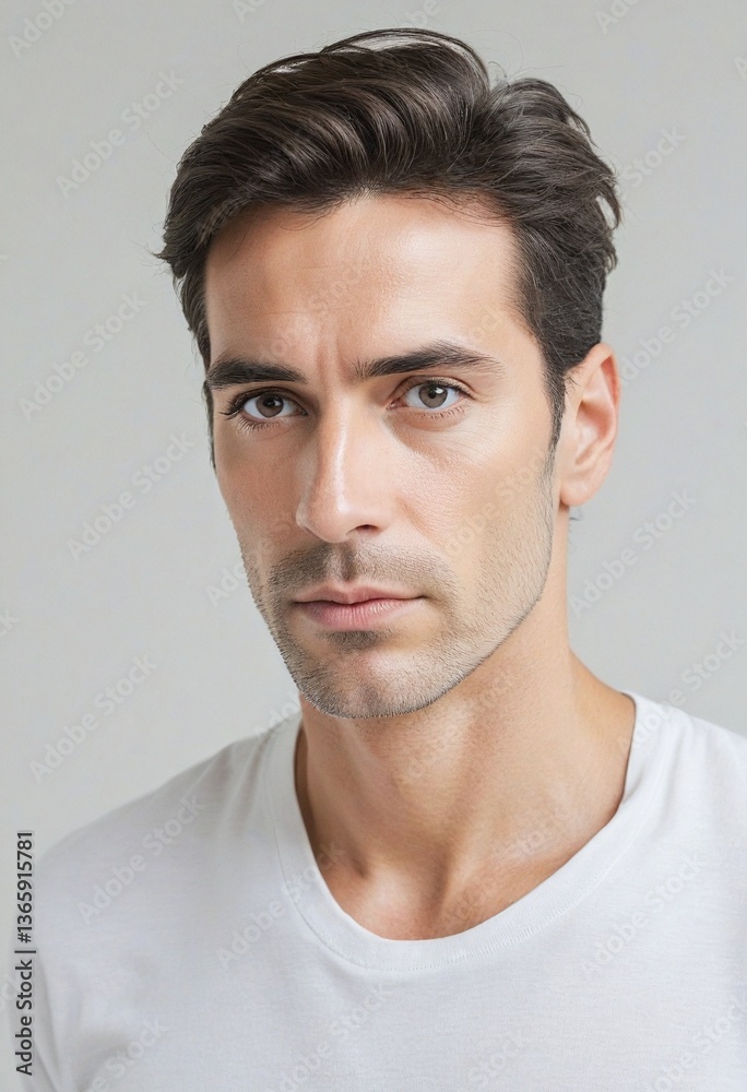 Fototapeta premium Sleek Portrait of a Modern Spanish Man in Contemporary Attire, Engaging Gaze, Calm Expression, Soft Light Balance, High Definition, Plain White Backdrop