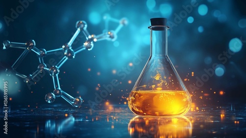 A glass vase with a yellow liquid inside is on a table next to a diagram of a molecule. Concept of scientific exploration and discovery, as the vase and diagram represent the tools