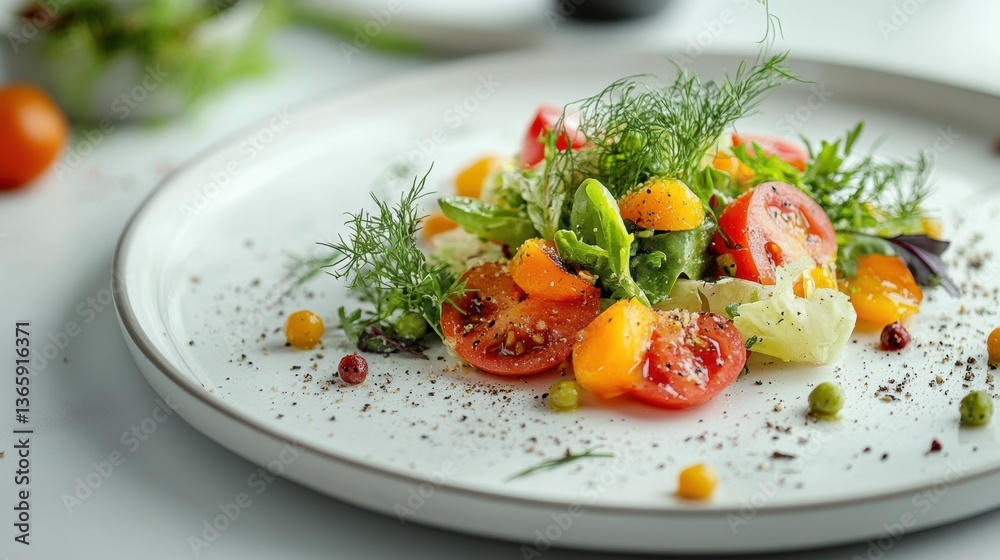 A simple white plate with a small portion of salad, placed on a white background A simple white plate with a small portion of salad, placed on a white background