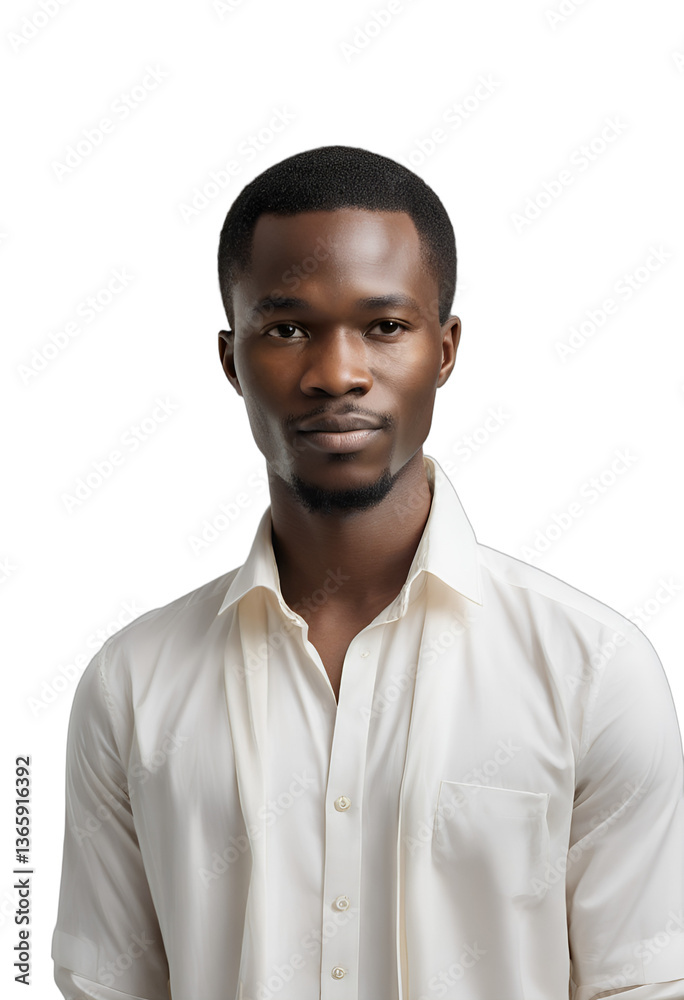 Simplicity of a Nigerian Man: A Portrait in Modern Attire with Direct Gaze and Neutral Expression against a Clean White Backdrop