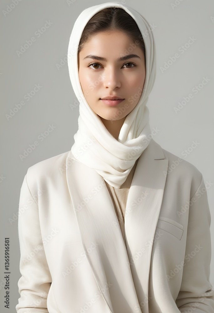 Sleek Portrait of a Modern Turkish Woman in Contemporary Fashion, Engaging Gaze, Calm Expression, Gentle Soft Lighting, Crisp Detail, Plain White Backdrop