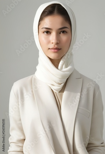Sleek Portrait of a Modern Turkish Woman in Contemporary Fashion, Engaging Gaze, Calm Expression, Gentle Soft Lighting, Crisp Detail, Plain White Backdrop
