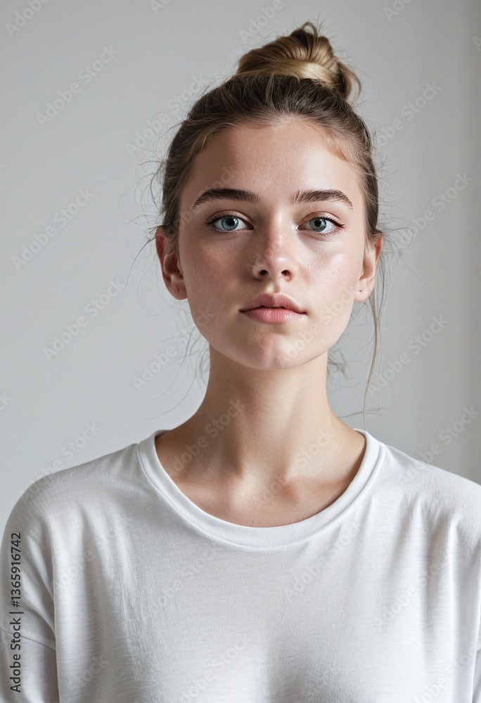 Contemporary Greek Youth in Minimalist Style: Direct Gaze, Calm Presence, and Soft Lighting on White Canvas.