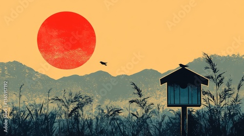 Sunset landscape with birdhouse and mountains. Peaceful countryside photo