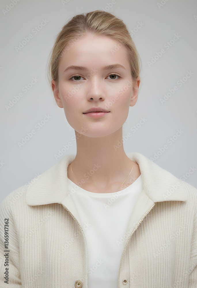 Clean and Simple Portrait of Danish Contemporary Fashion with Direct Eye Contact and Neutral Expression on a Softly Lit White Background