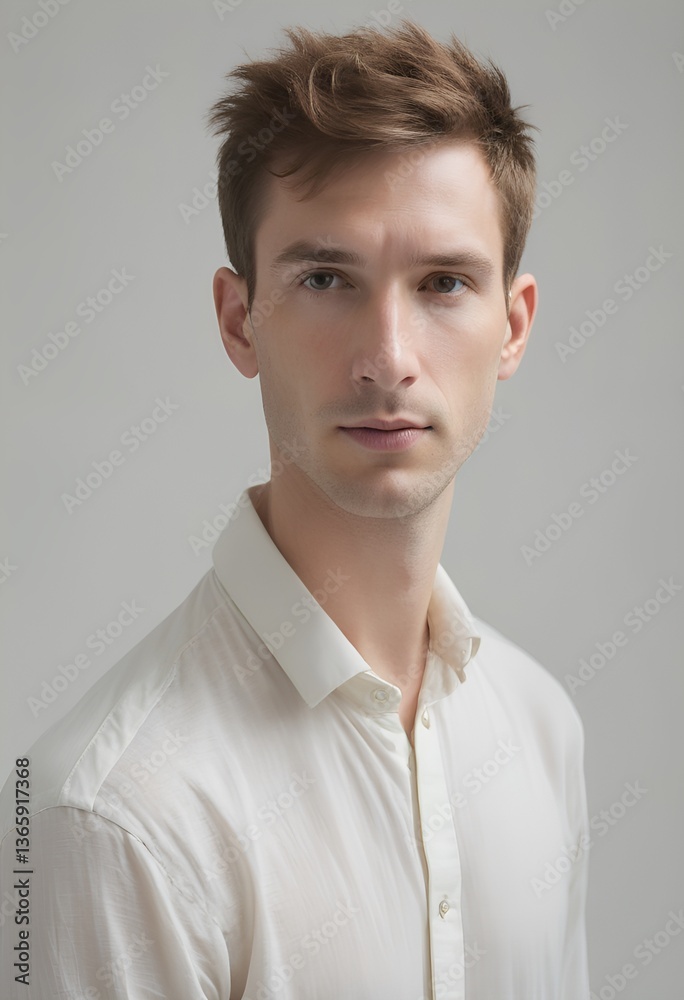 Elegant Minimalist Portrait of a Contemporary French Man with Direct Gaze and Neutral Expression