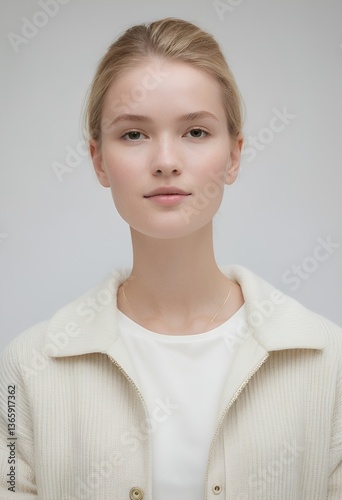 Obraz na płótnie Clean and Simple Portrait of Danish Contemporary Fashion with Direct Eye Contact and Neutral Expression on a Softly Lit White Background w salonie