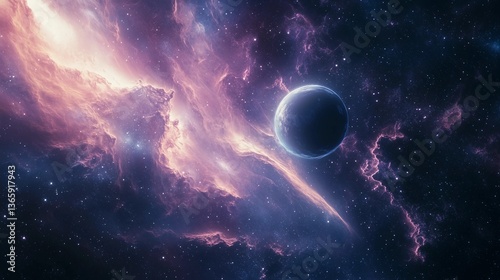 A space scene with a large planet and a cloud of pink and purple. The planet is surrounded by a cloud of pink and purple, giving the scene a dreamy and ethereal feel