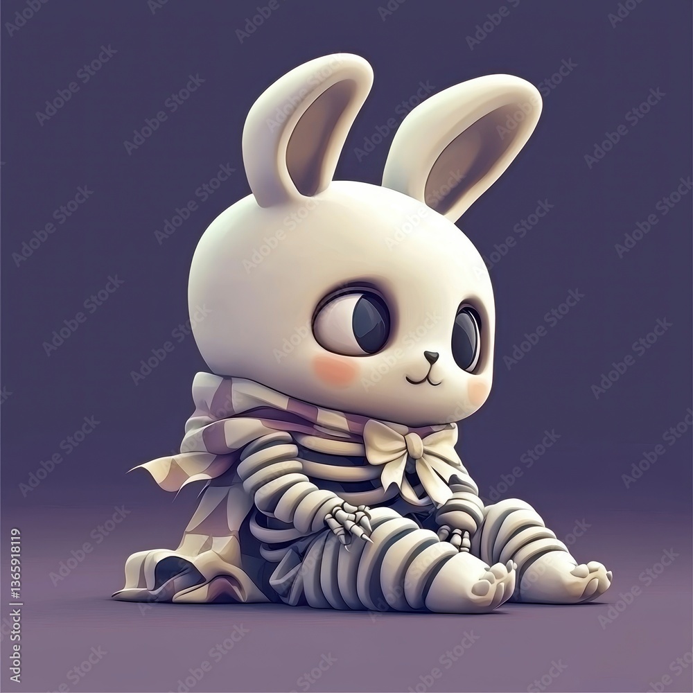 Obraz premium Adorable Cartoon Bunny Rabbit with Skeleton Costume Sitting on Purple Background
