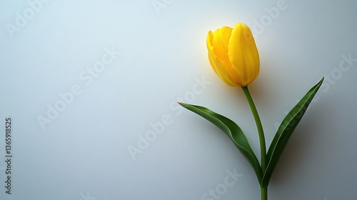 A single yellow tulip flower on a white surface