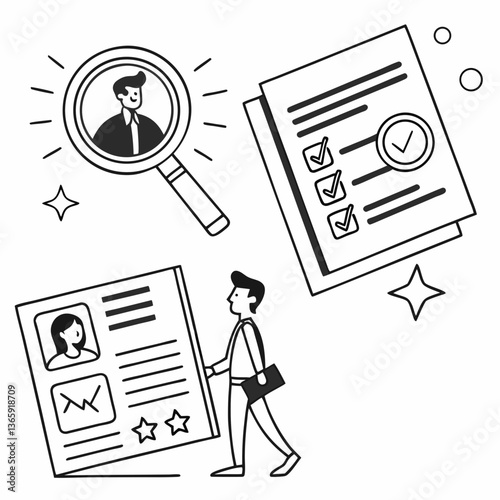 Magnifying Glass Icon – User Profile and Resume Document for Recruitment and Job Application.
