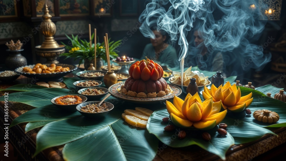 Ritual culinary offering. An elaborate traditional feast with intricately arranged dishes on green banana leaves, with candles, incense and elaborate decorative elements.