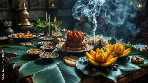 Obraz na płótnie Ritual culinary offering. An elaborate traditional feast with intricately arranged dishes on green banana leaves, with candles, incense and elaborate decorative elements. w salonie