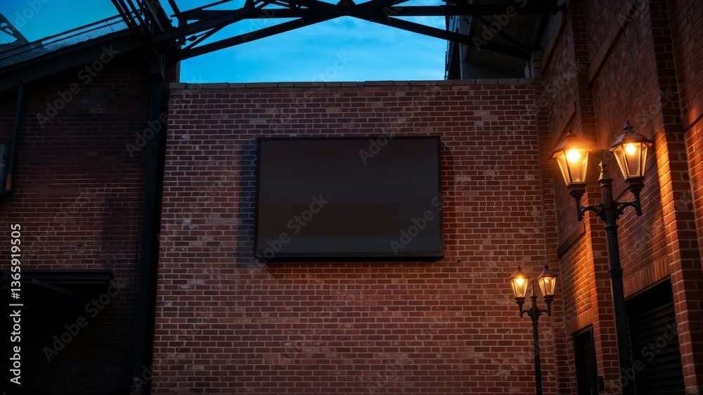 Urban Night Scene. Brick wall with blank display and vintage street lamps creating warm lighting against an industrial architectural backdrop.