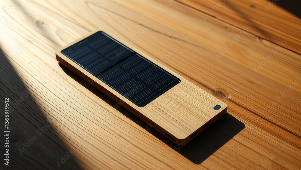 Solar Powered Device. Minimalist solar charger with wooden frame resting on wooden surface, showcasing sustainable technology design.