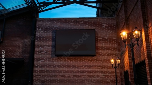 Obraz na płótnie Urban Night Scene. Brick wall with blank display and vintage street lamps creating warm lighting against an industrial architectural backdrop. w salonie