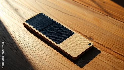 Obraz na płótnie Solar Powered Device. Minimalist solar charger with wooden frame resting on wooden surface, showcasing sustainable technology design. w salonie