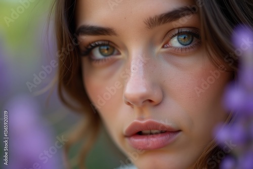  Intense Female Portrait with Lavender. A captivating close-up of a young woman with heterochromatic eyes, framed by soft purple washed flowers in the foreground, revealing an expressive gaze.