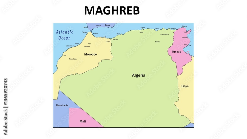 Fototapeta Maghreb  Map. State and union territories of Maghreb  with neighbouring countries. Political map of Maghreb  with capital and important cities in Detailed.