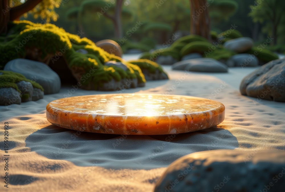 Zen Stone Meditation. A warm-toned, polished stone rests on a sandy surface surrounded by moss-covered rocks in a tranquil garden setting.