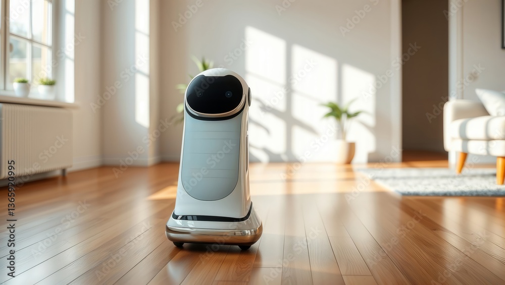 Modern robot in bright room. White service robot stands in a minimalist living room with light wood floor and plant, in a modern home.