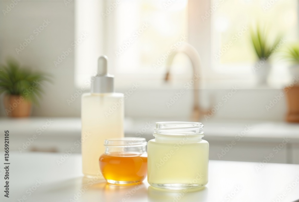 Natural skincare products in kitchen. Jars and bottle with natural skincare product on white kitchen counter in bright interior.