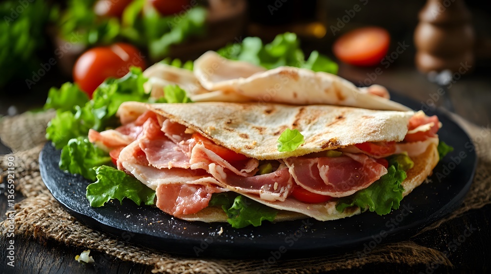 Delicious Piadina with Ham, Lettuce, and Tomato