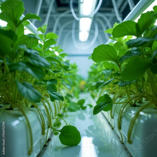 Obraz na płótnie Indoor hydroponic vertical farm. Rows of green leafy plants growing on vertical farm under artificial light indoors. w salonie
